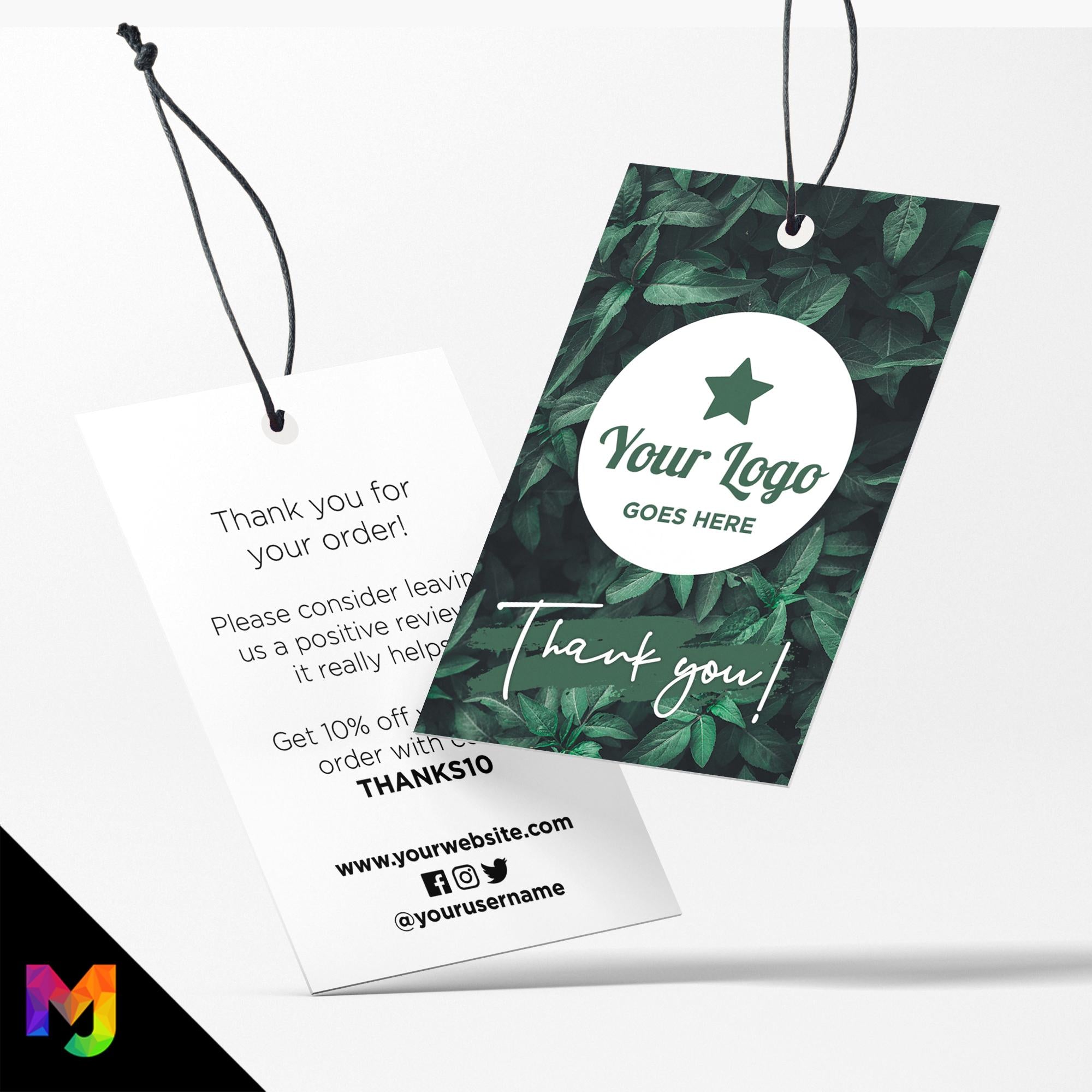 Custom printed thank you swing tags cards | Nature natural green leaf pattern design 2