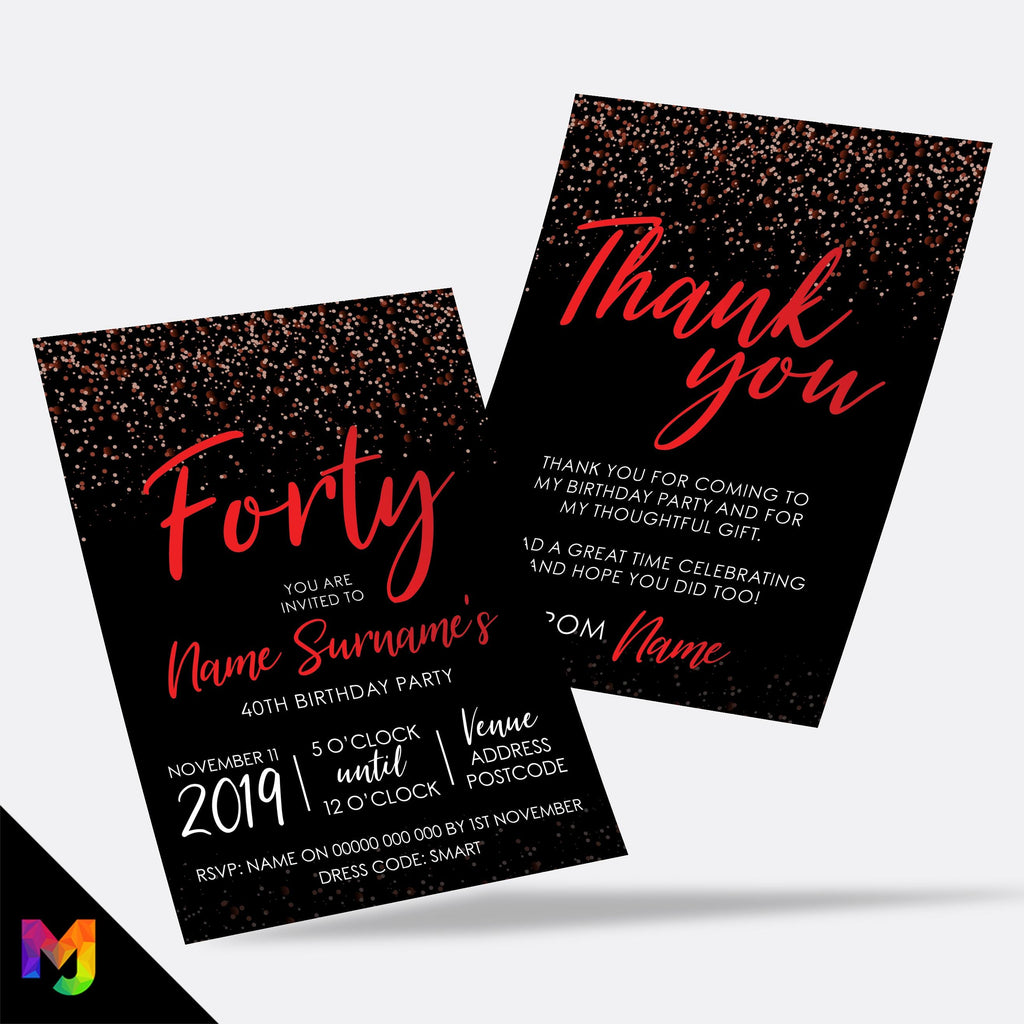 Personalised 40th birthday party Invitations Invites | Black red glitter modern design