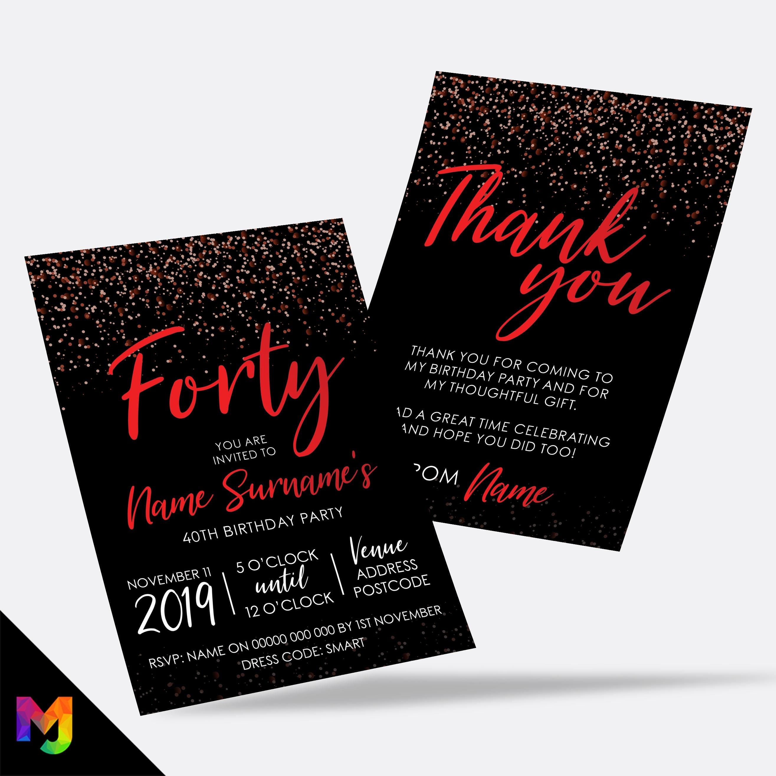 Personalised 40th birthday party Invitations Invites | Black red glitter modern design