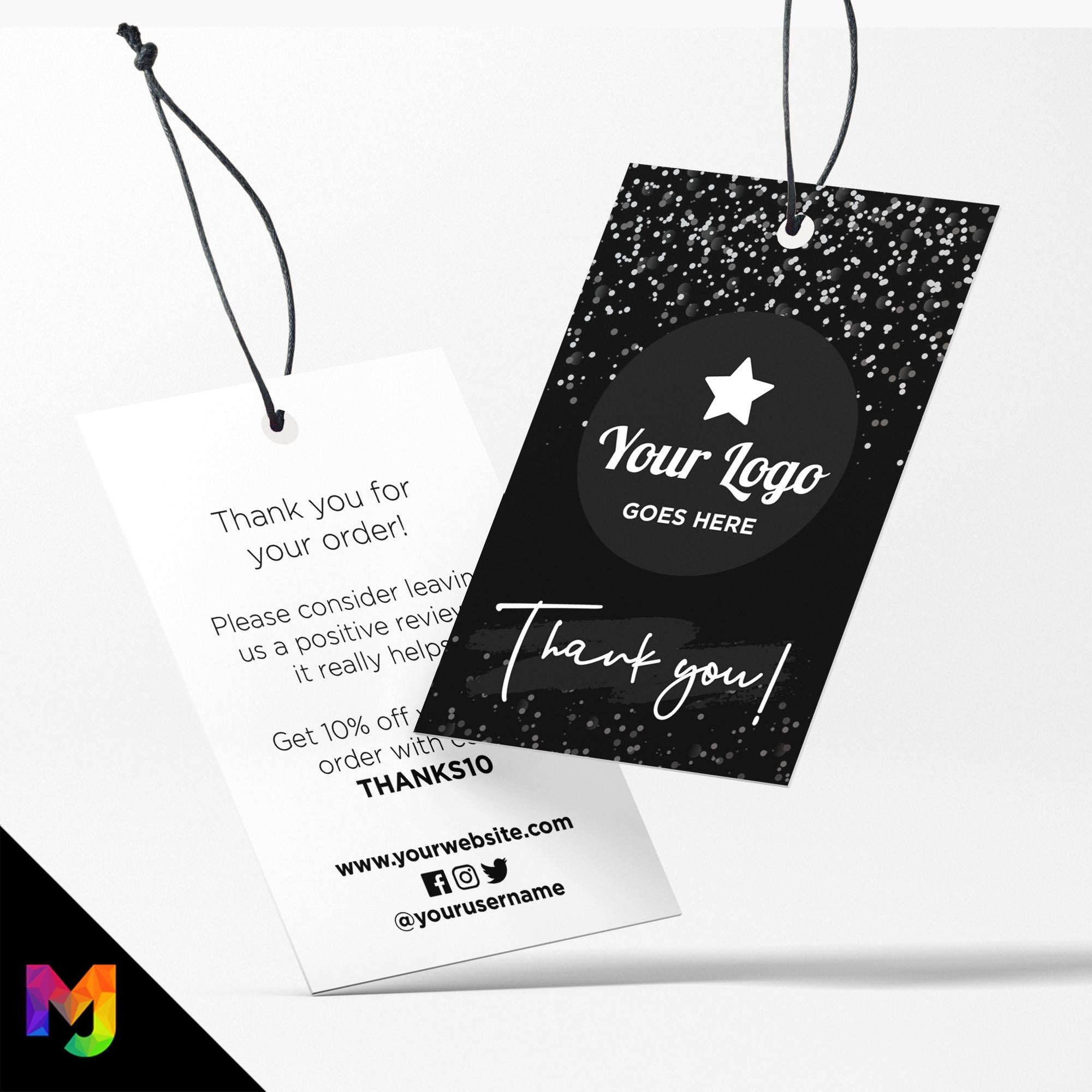 Custom printed thank you swing tags cards | Black white glitter modern style design