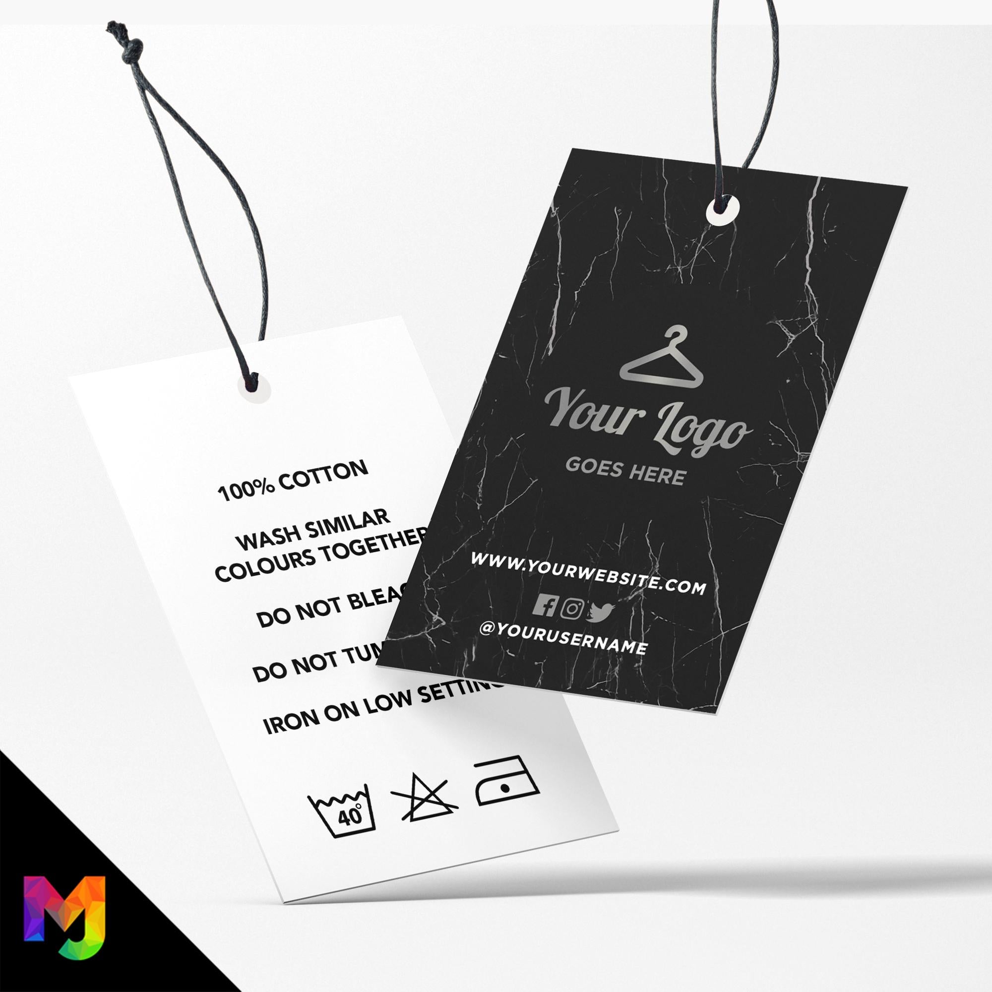 Custom printed clothing swing tags cards | Black marble silver modern style design