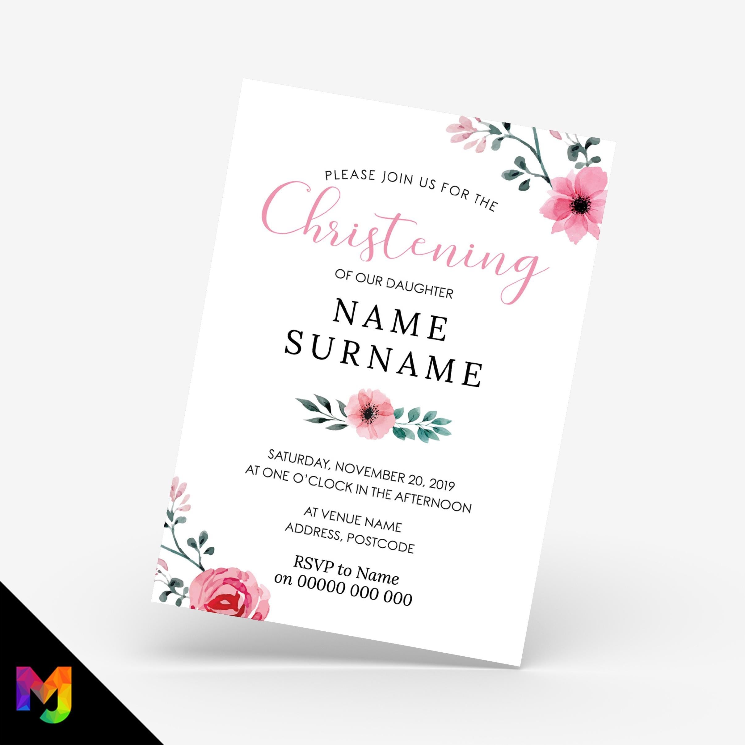 Personalised christening invitations invites | Pink floral kids baby floral elegant modern design 1
