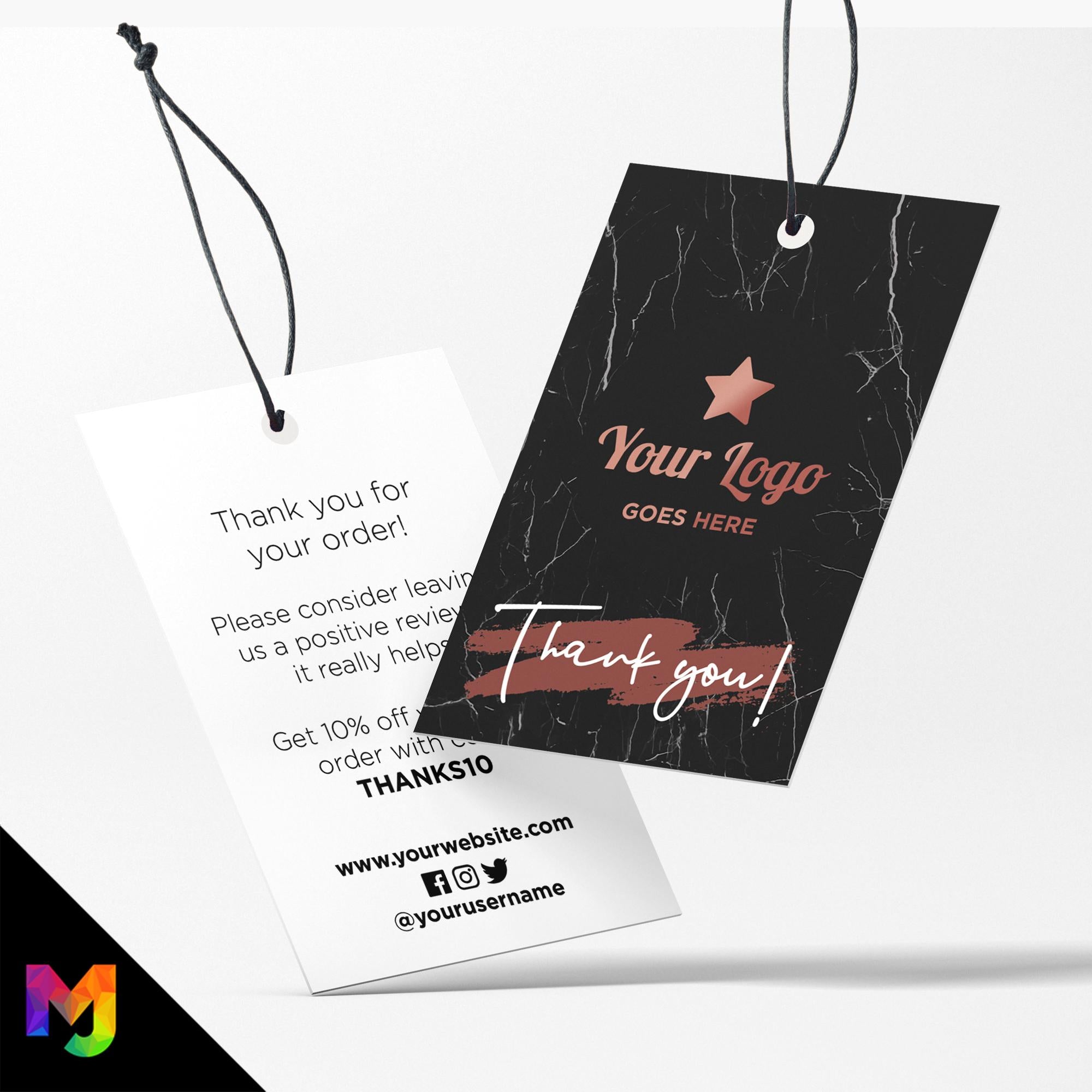 Custom printed thank you swing tags cards | Black marble rose gold modern style design