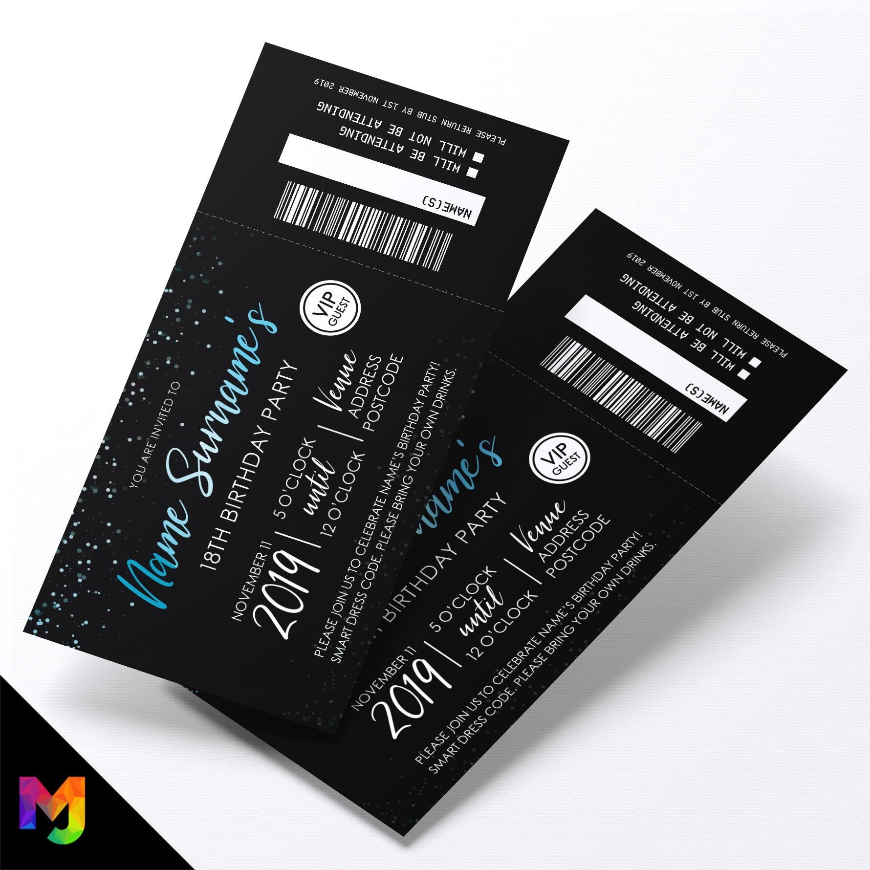 Personalised 18th birthday party blue back glitter ticket style Invitations Invites | Perforated | Any age!