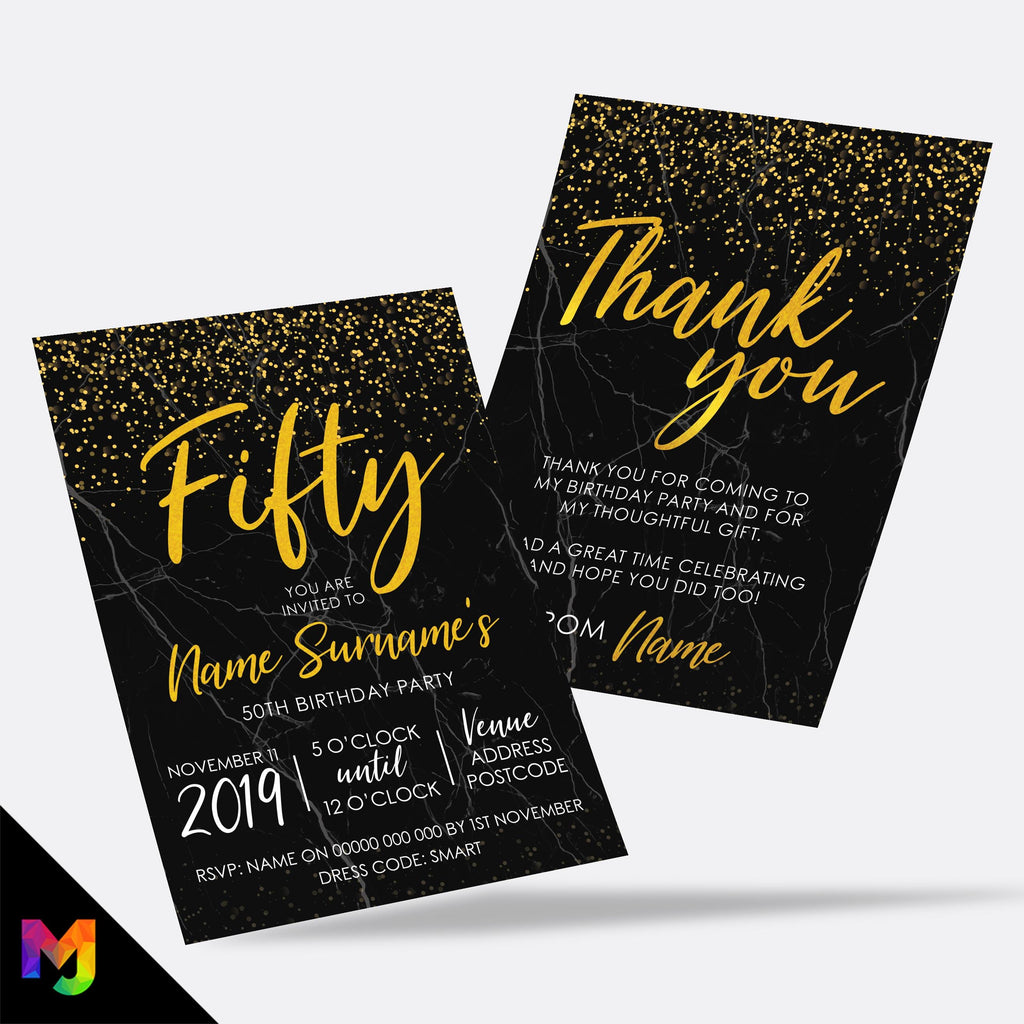 Personalised 50th birthday party Invitations Invites | Black marble gold glitter modern design