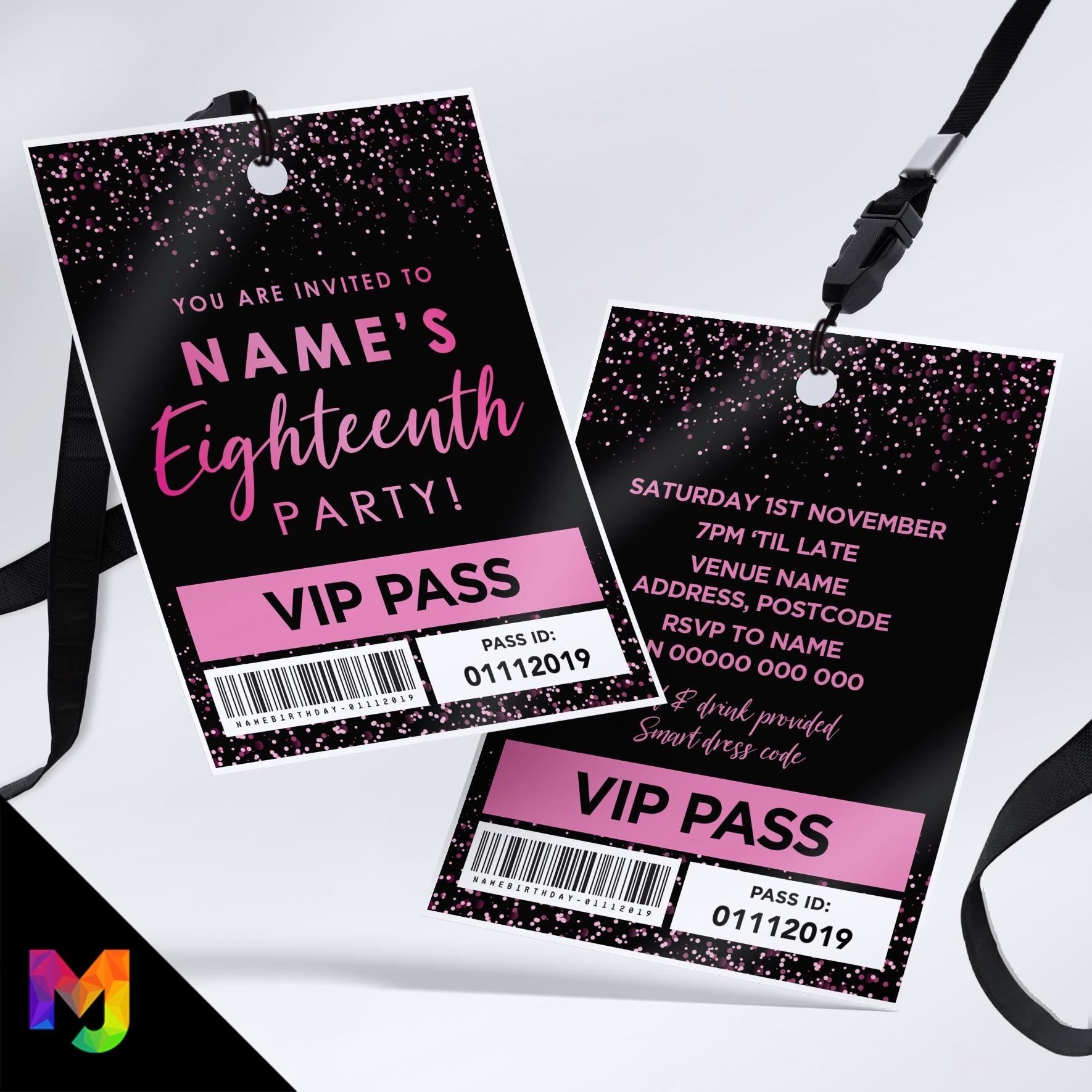 Personalised 18th birthday style VIP pass & lanyards | Black hot pink glitter design | ANY AGE!