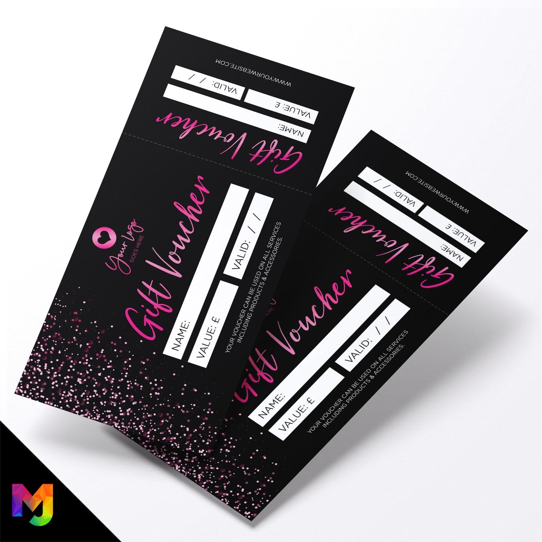 Custom printed gift vouchers | Perforated stubs | Black hot pink glitter style modern fancy professional