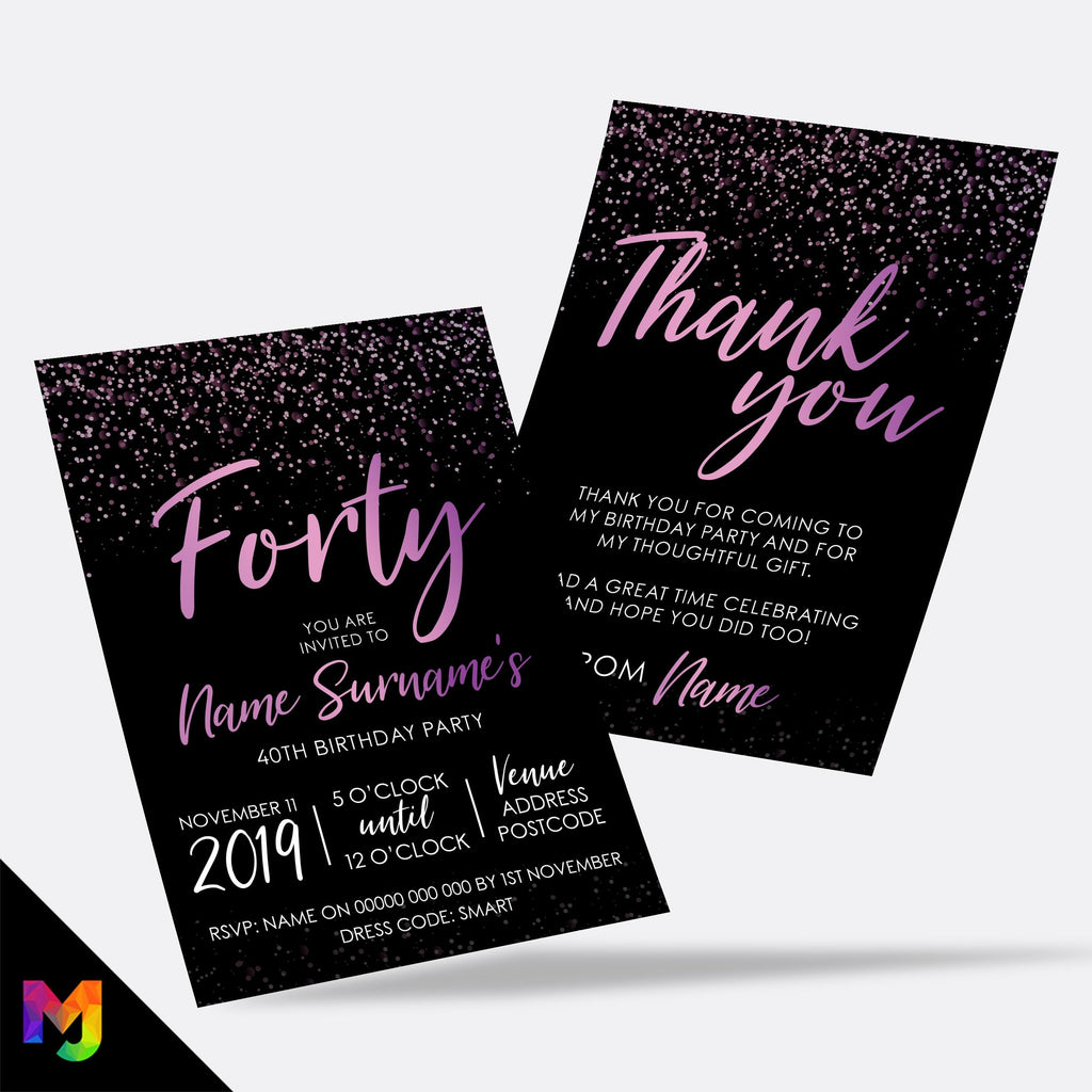 Personalised 40th birthday party Invitations Invites | Black purple pink glitter style modern design