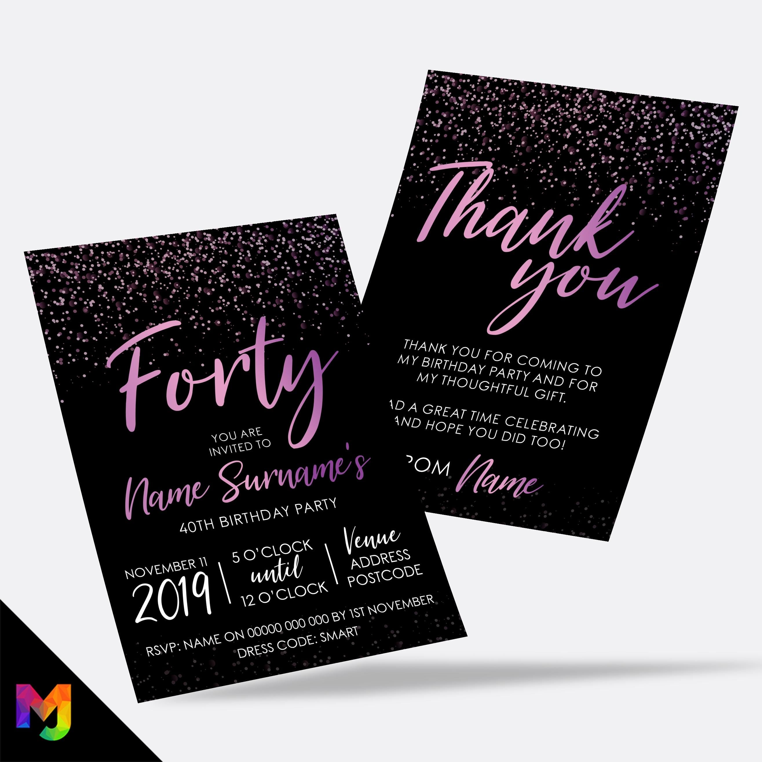 Personalised 40th birthday party Invitations Invites | Black purple pink glitter style modern design