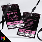 Personalised 50th birthday style VIP pass & lanyards | Black hot pink glitter design | ANY AGE!