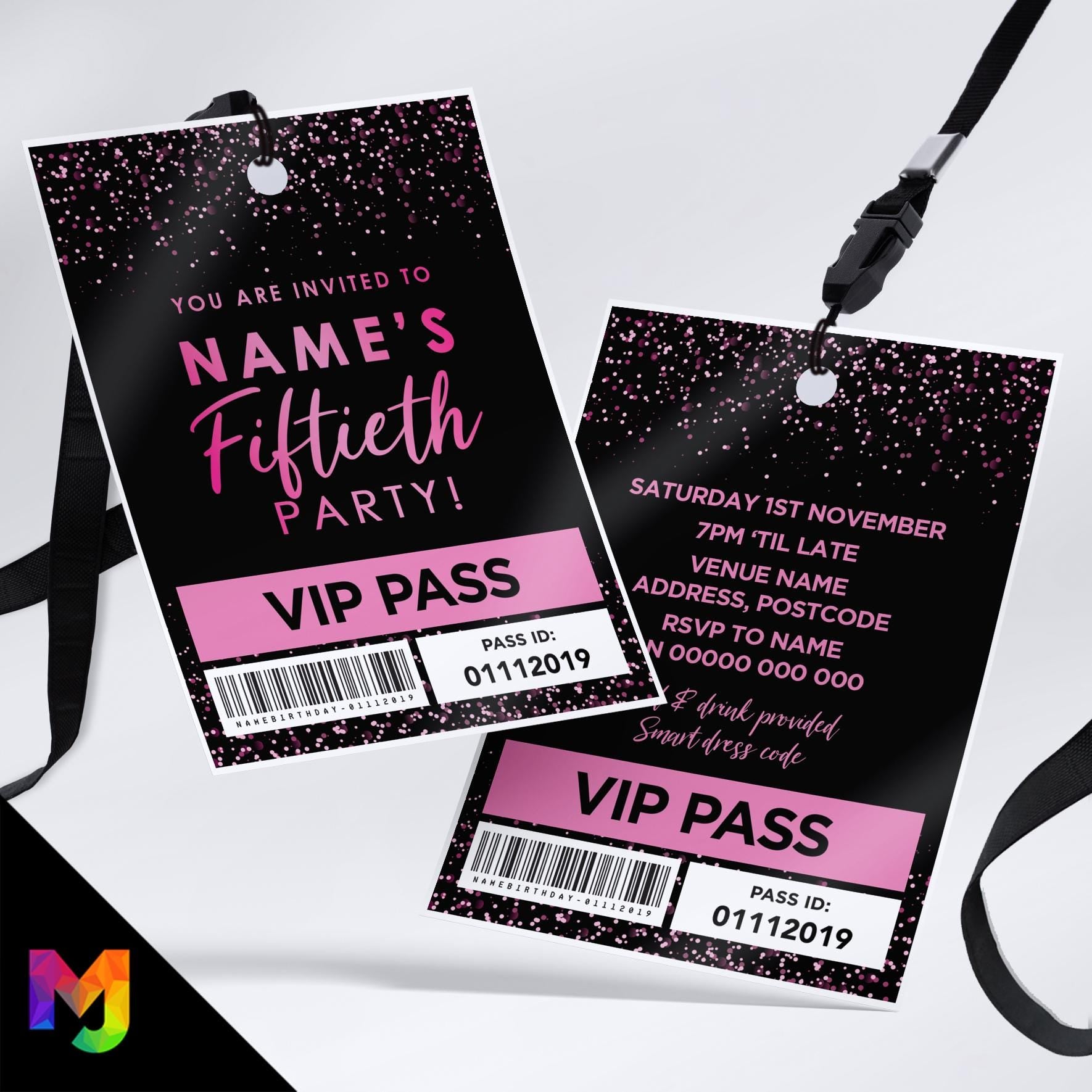 Personalised 50th birthday style VIP pass & lanyards | Black hot pink glitter design | ANY AGE!