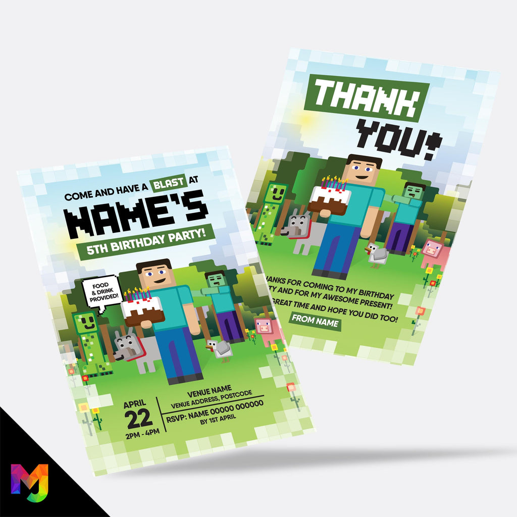 Personalised Minecraft inspired Invitations Invites + thank you cards | gaming gamer style
