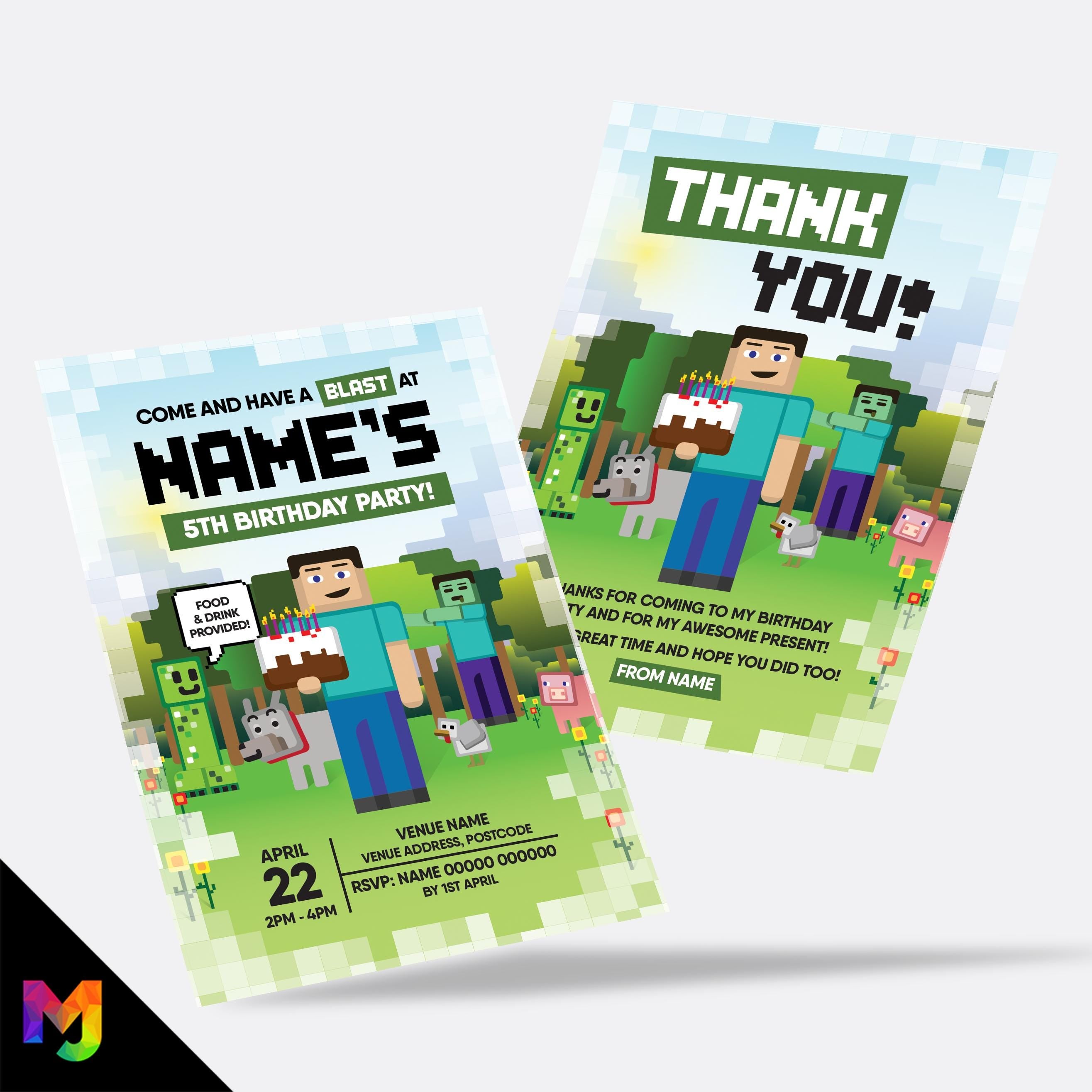Personalised Minecraft inspired Invitations Invites + thank you cards | gaming gamer style