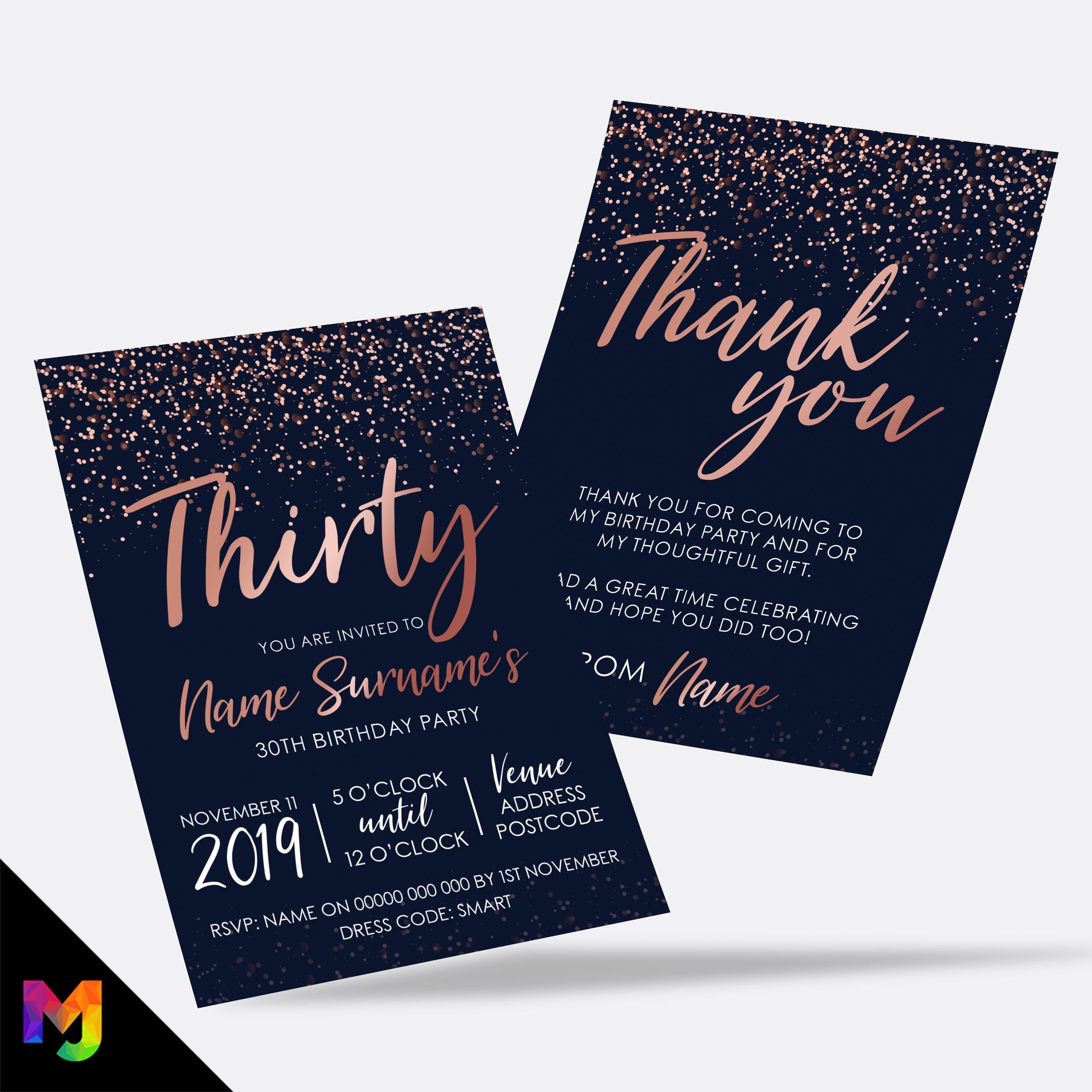 Personalised 30th birthday party Invitations Invites | Navy rose gold glitter style modern design