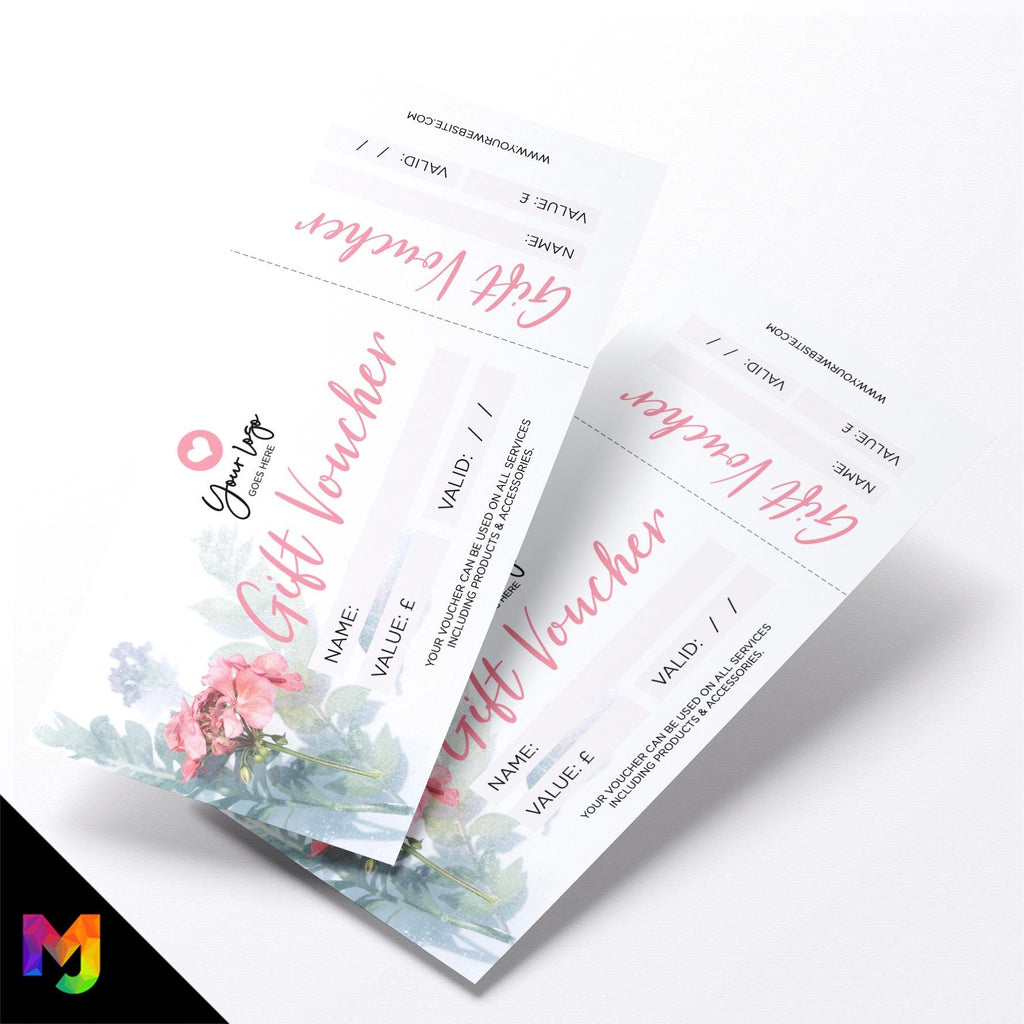 Custom printed gift vouchers | Perforated stubs | Pink green floral generic modern design rose flower elegant