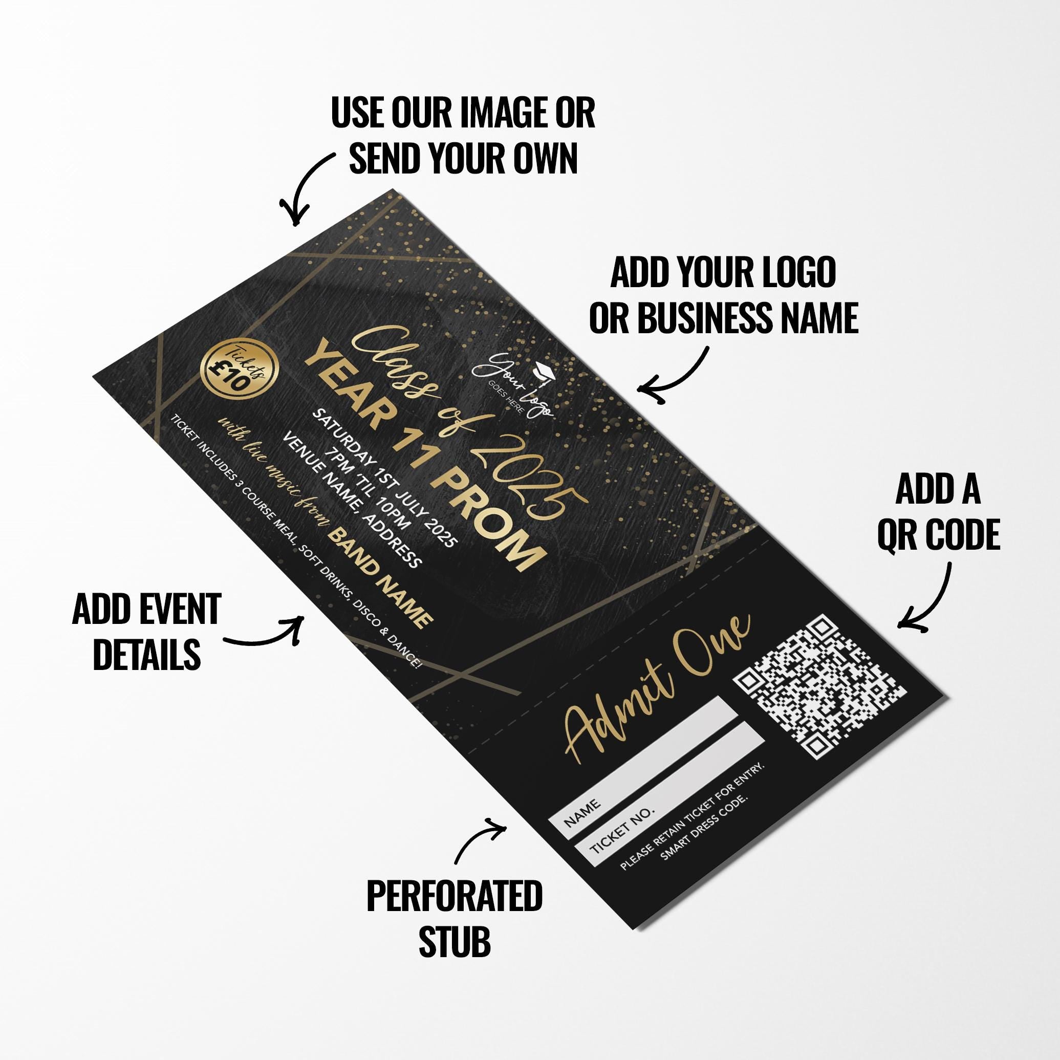 Custom printed school prom tickets | Perforated stubs | Black marble gold school student prom leaving party Class of 2025