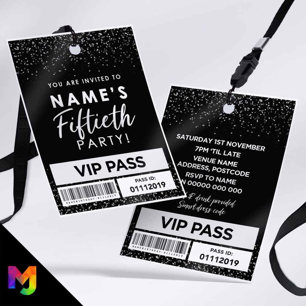 Personalised 50th birthday style VIP pass & lanyards | Silver black glitter design | ANY AGE!