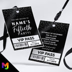 Personalised 50th birthday style VIP pass & lanyards | Silver black glitter design | ANY AGE!