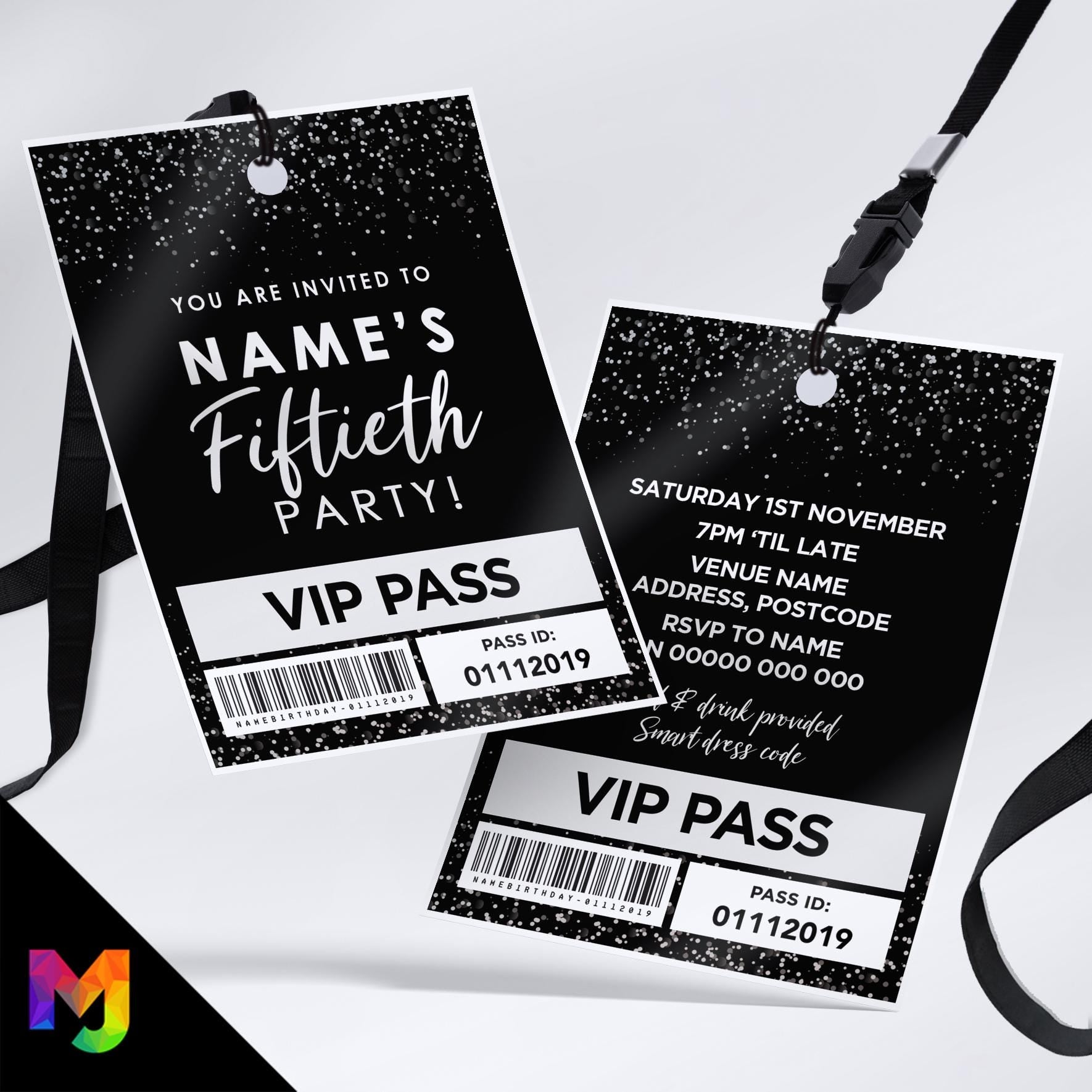 Personalised 50th birthday style VIP pass & lanyards | Silver black glitter design | ANY AGE!