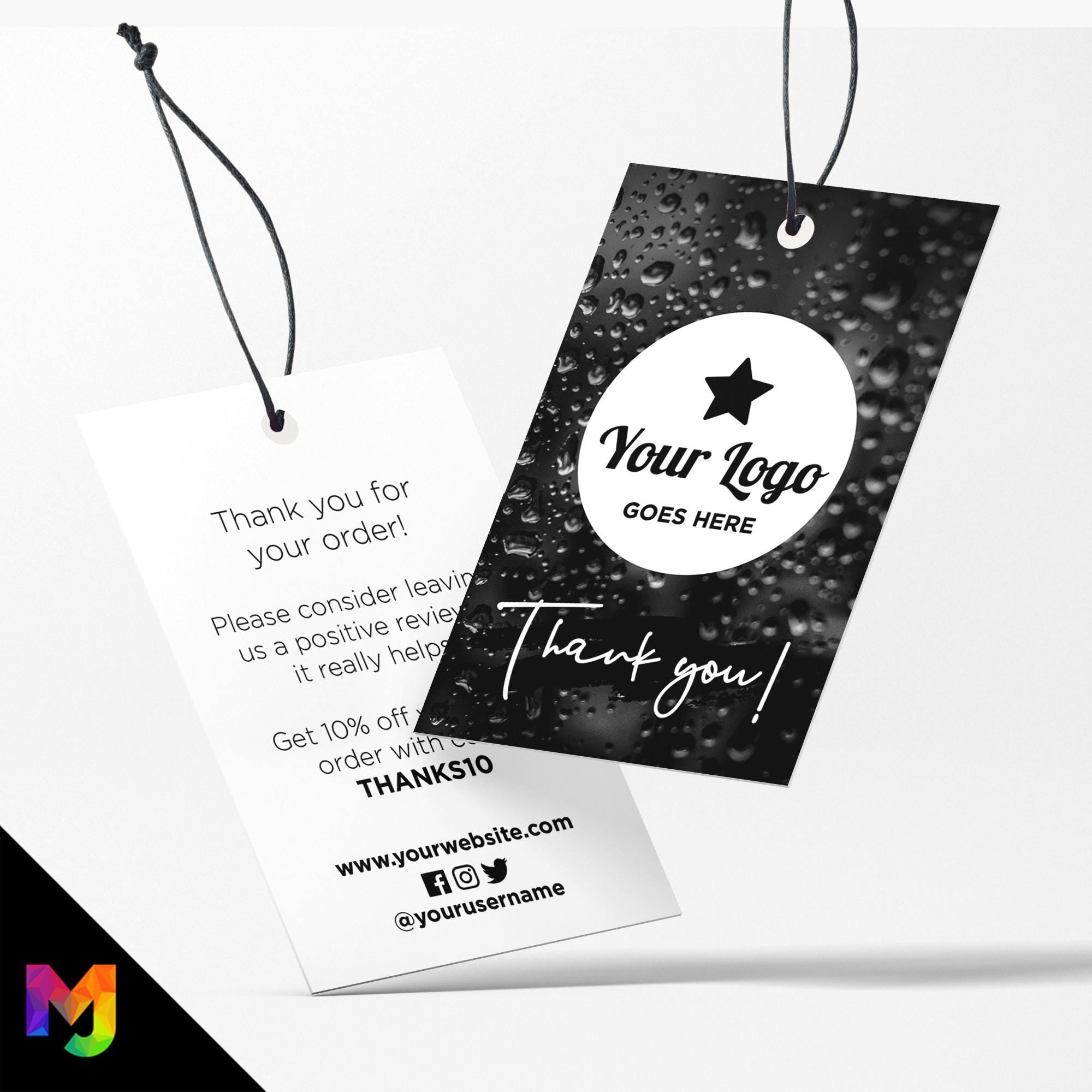 Custom printed thank you swing tags cards | Black droplet water rain pattern abstract style design