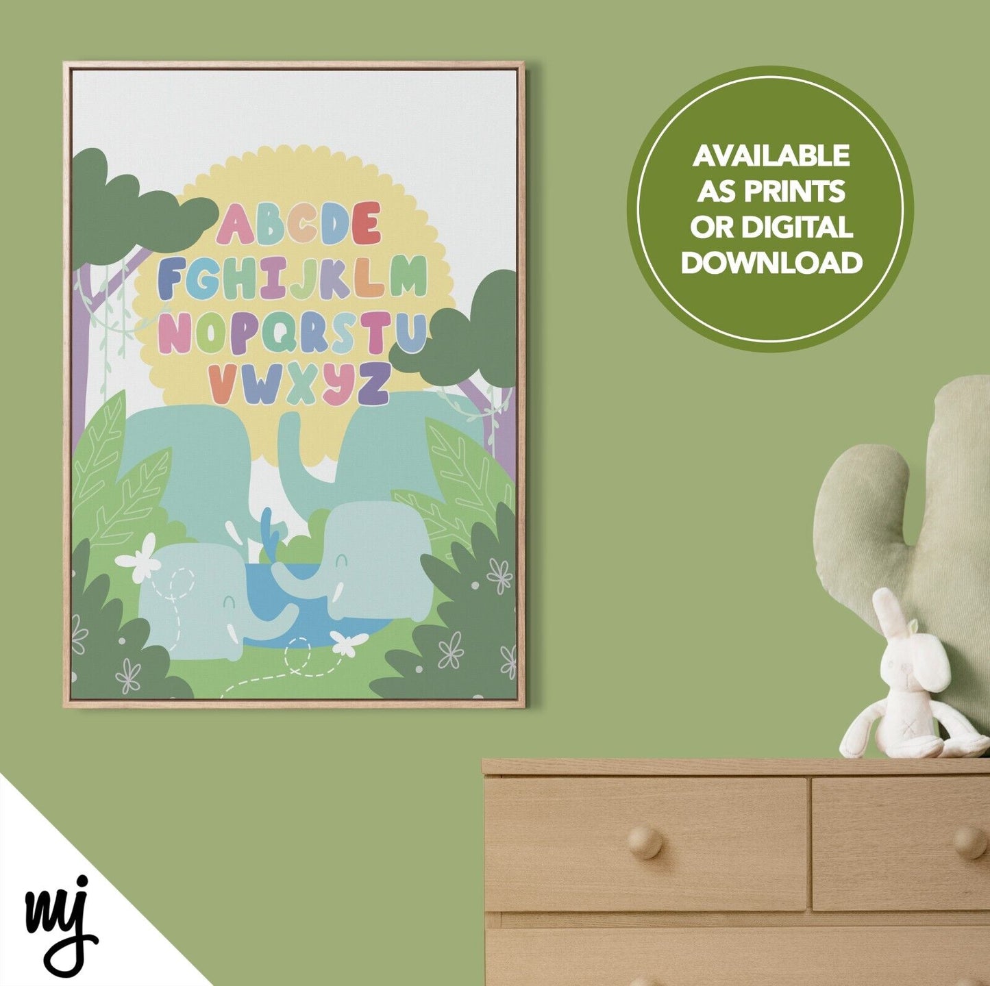 Alphabet Design Kids Baby Art Print | Nursery Decor | Elephant Animal Jungle