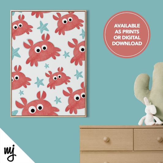 Crab Design Kids Baby Art Print | Nursery Decor | Under The Sea Ocean Blue Red