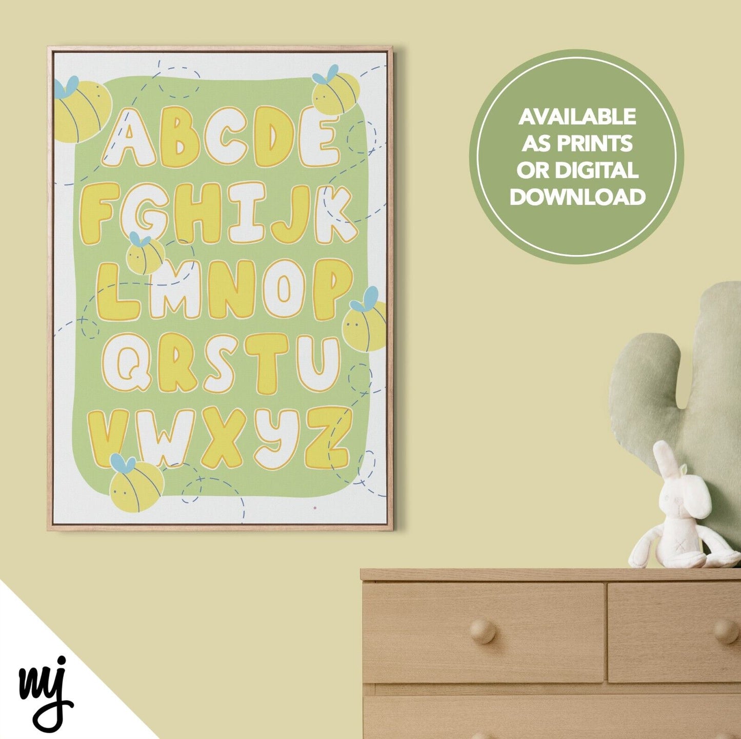 Alphabet Design Kids Baby Art Print | Nursery Decor | Bees Bee Nature Yellow