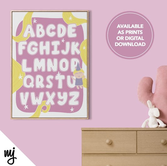 Alphabet Design Kids Baby Art Print | Nursery Decor | Princess Fairytale Pink