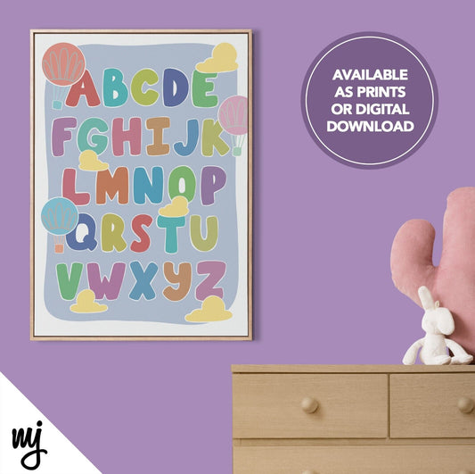 Alphabet Design Kids Baby Art Print | Nursery Decor | Hot Air Balloon Sky Clouds
