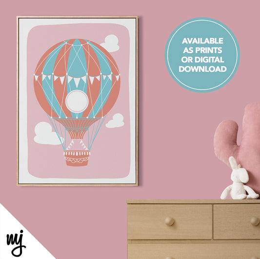 Hot Air Balloon Design Kids Baby Art Print | Nursery Decor | Pink Purple