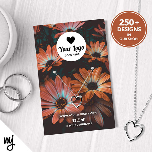 Custom Jewellery Backing Card Printing | Floral Flowers Orange Dark Black