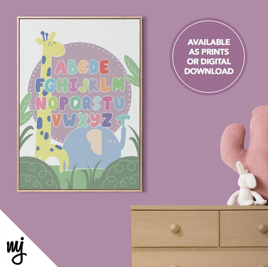Alphabet Design Kids Baby Art Print | Nursery Decor | Jungle Giraffe Elephant