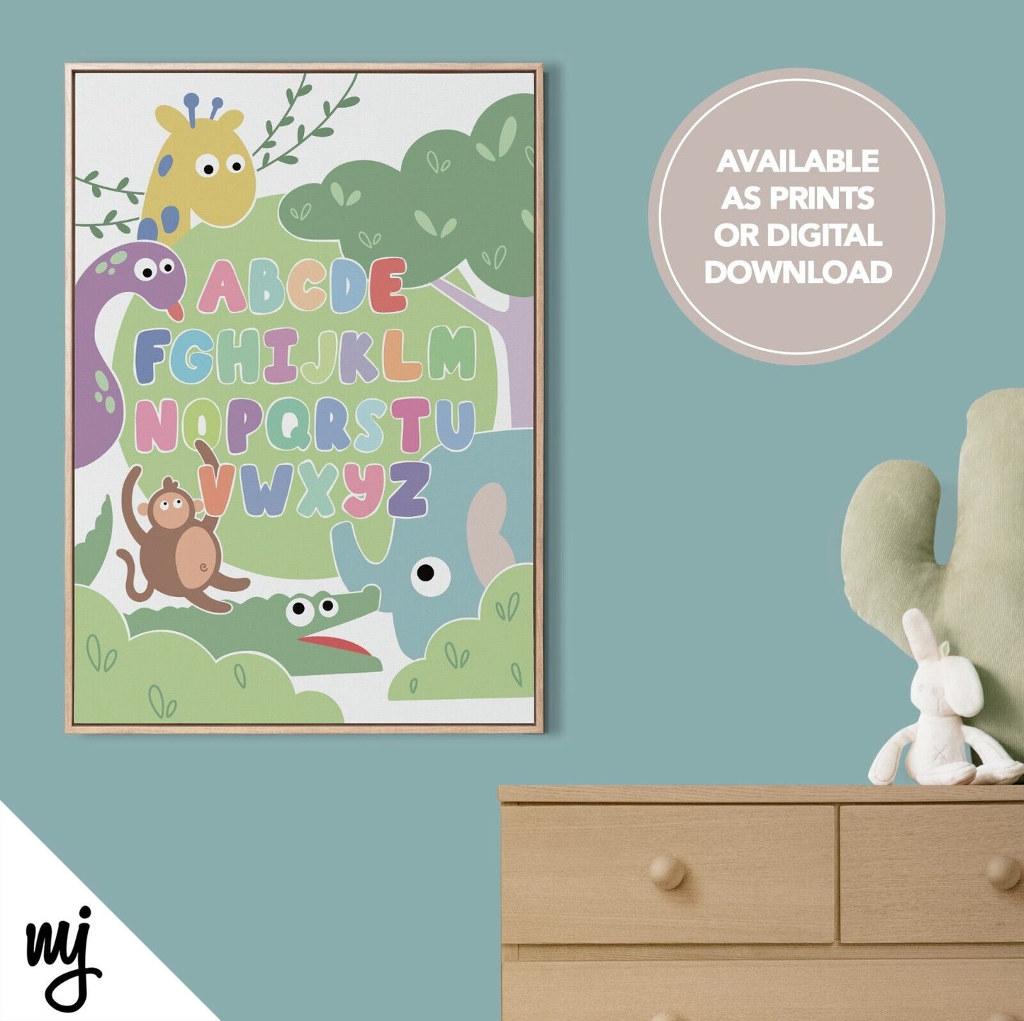 Alphabet Design Kids Baby Art Print | Nursery Decor | Jungle Snake Monkey Animal