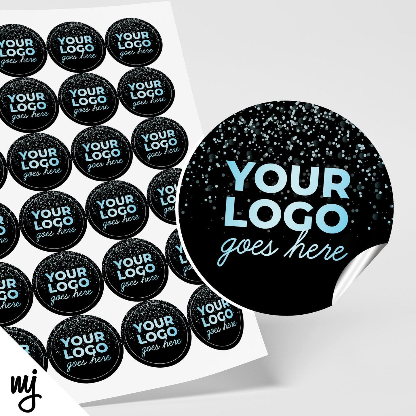 CUSTOM ROUND STICKER LABEL PRINTING | ADD LOGO / TEXT | BLUE BLACK GLITTER STYLE