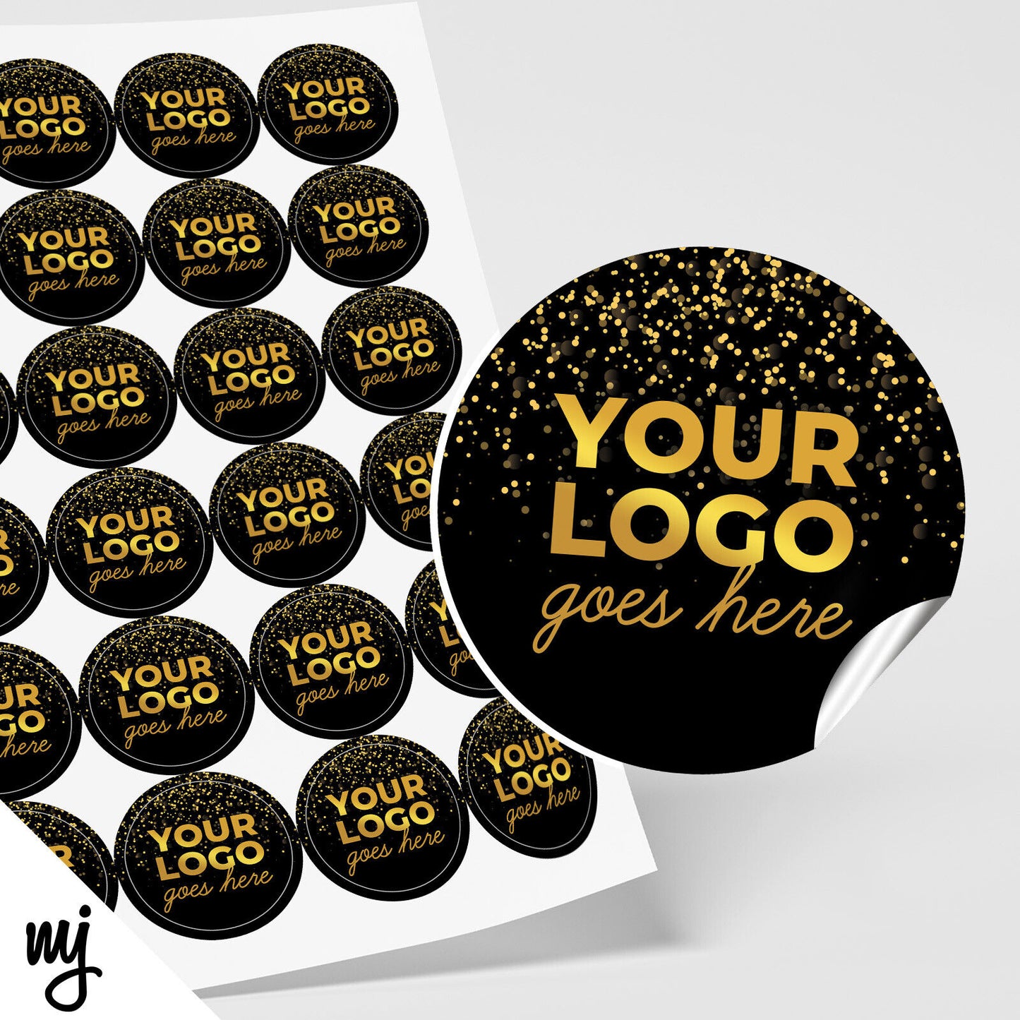 CUSTOM ROUND STICKER LABEL PRINTING | ADD LOGO / TEXT | GOLD BLACK GLITTER STYLE