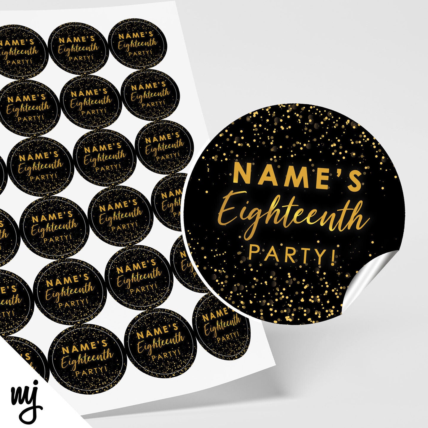 PERSONALISED 18TH BIRTHDAY PARTY ROUND STICKERS | BLACK GOLD GLITTER STYLE