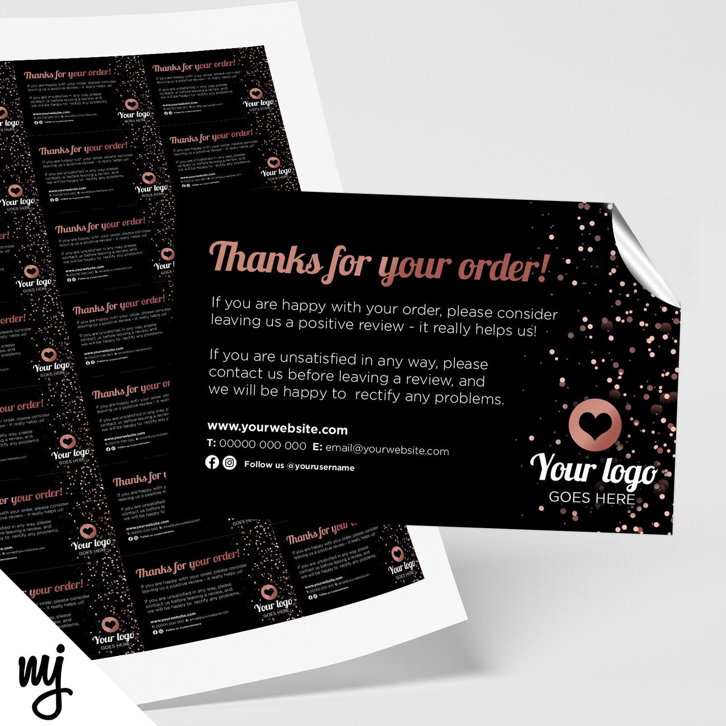 CUSTOM RECTANGLE THANK YOU STICKER LABELS | BLACK ROSE GOLD GLITTER STYLE DESIGN