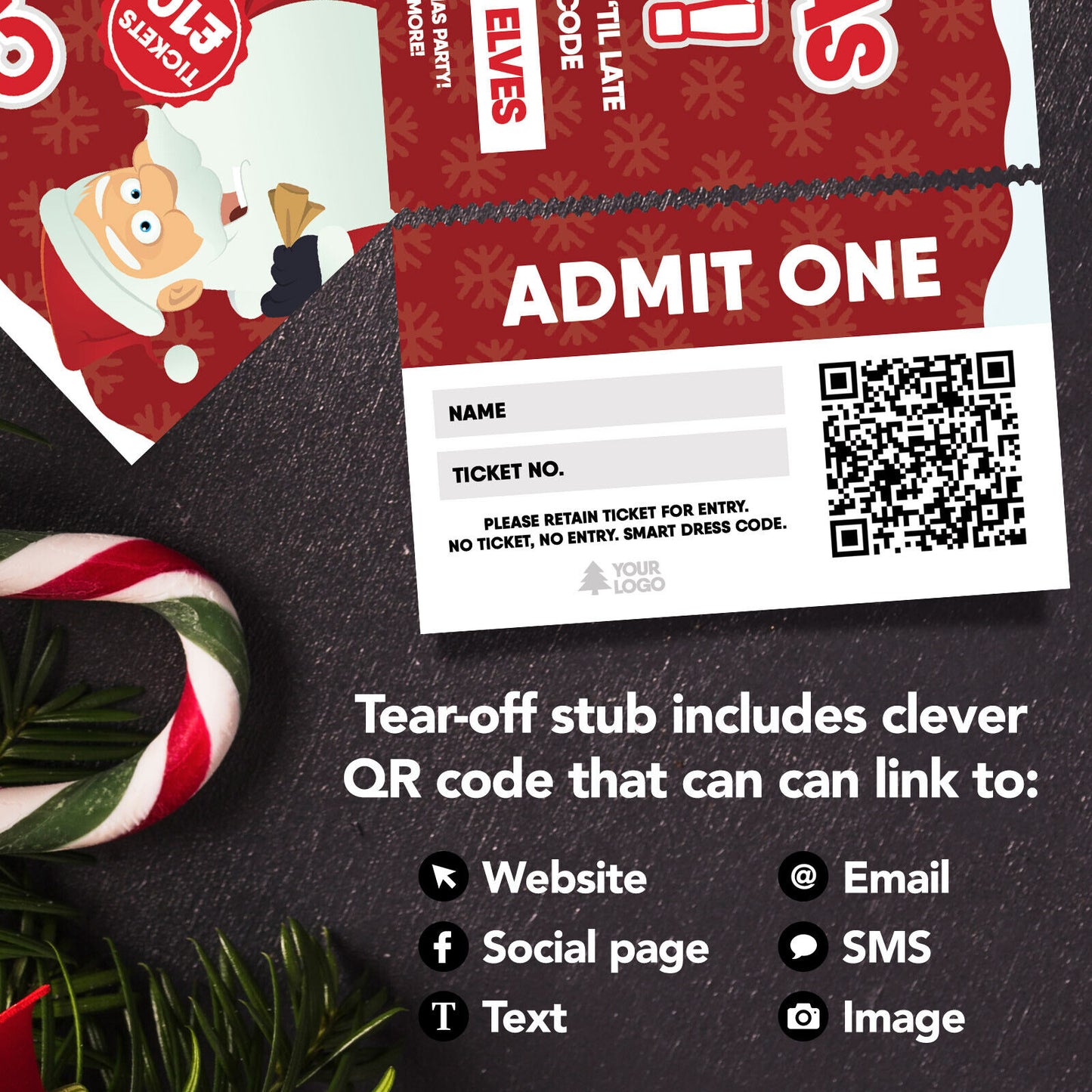 Custom Christmas Party Ticket Printing | Perforated Stubs | Any Event! Red Santa