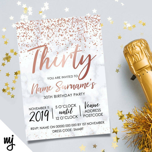 Personalised 30th Birthday Party Invitations | Marble Rose Gold Glitter Style