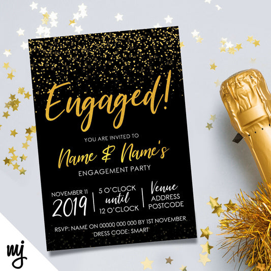 Personalised 'engaged' Engagement Party Invitations | Black & Gold