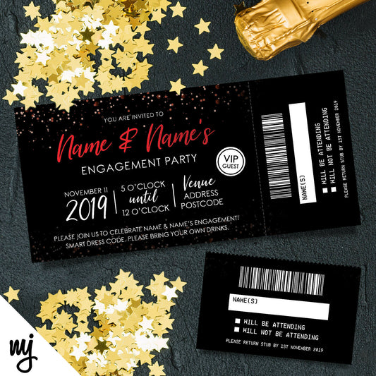 Personalised Engagement Party Tickets Invitations | Perforated | Black & Red