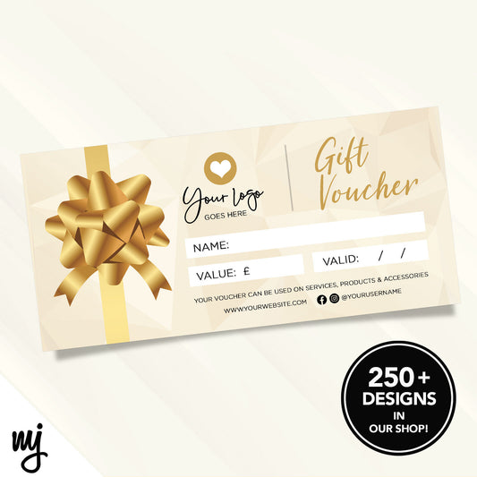 Custom Printed Business Gift Vouchers | Gold Glitter Generic Bow Present 01