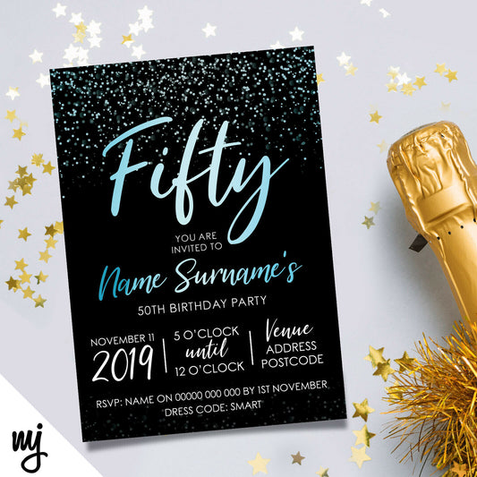 Personalised 50th Birthday Party Invitations | Black Blue Glitter Style