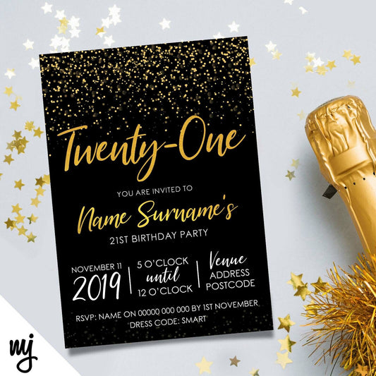 Personalised 21st Birthday Party Invitations | Black Gold Glitter | Any Age!