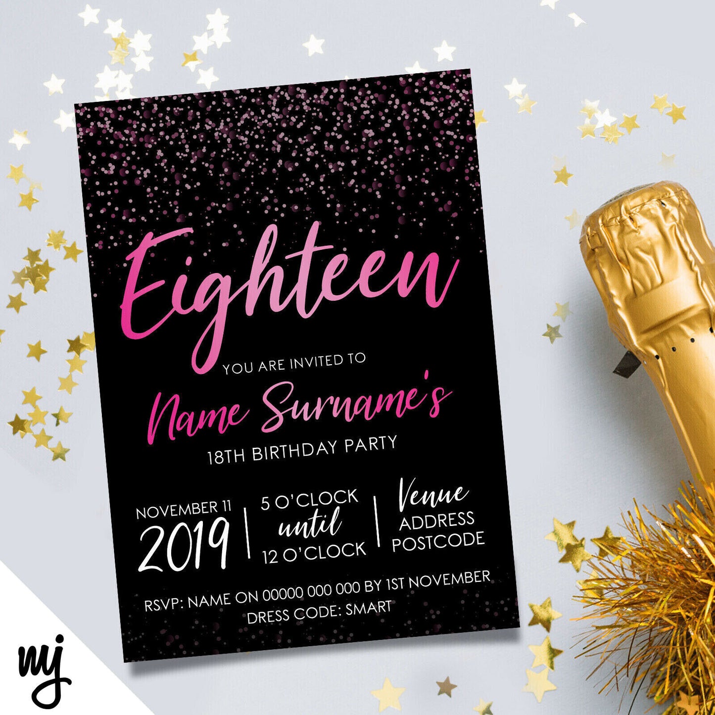 Personalised 18th Birthday Party Invitations | Black Hot Pink Glitter Style