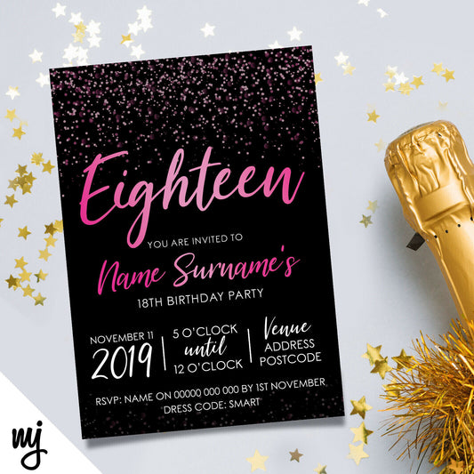 Personalised 18th Birthday Party Invitations | Black Hot Pink Glitter Style