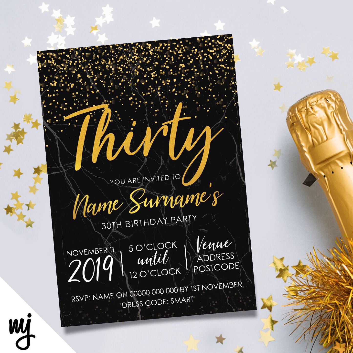 Personalised 30th Birthday Party Invitations | Black Marble Gold Glitter Style