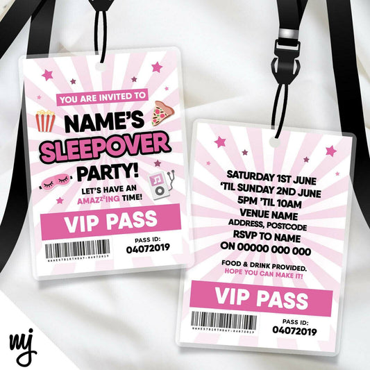 Personalised Sleepover Slumber Party Vip Passes Pink Lanyards / Invitations