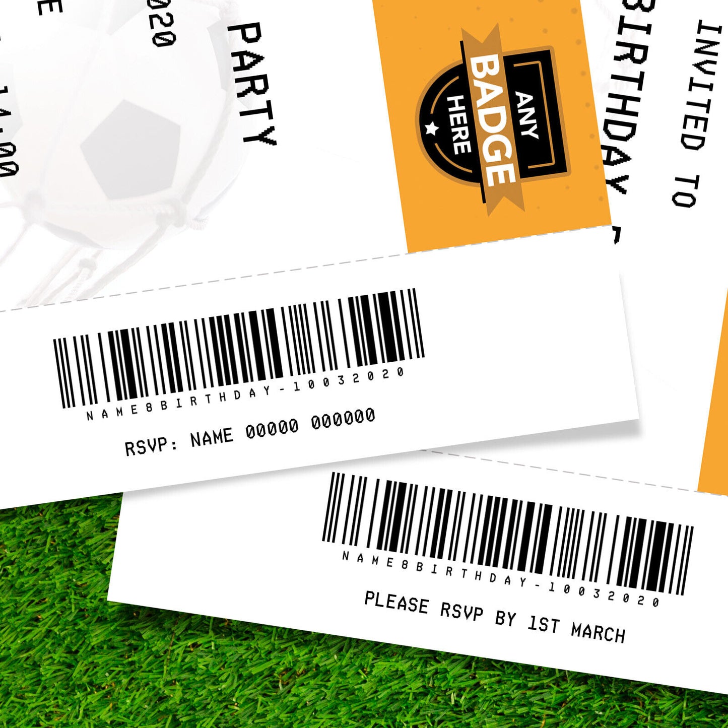 Personalised Orange Football Ticket Style Invitations | Kids/adults