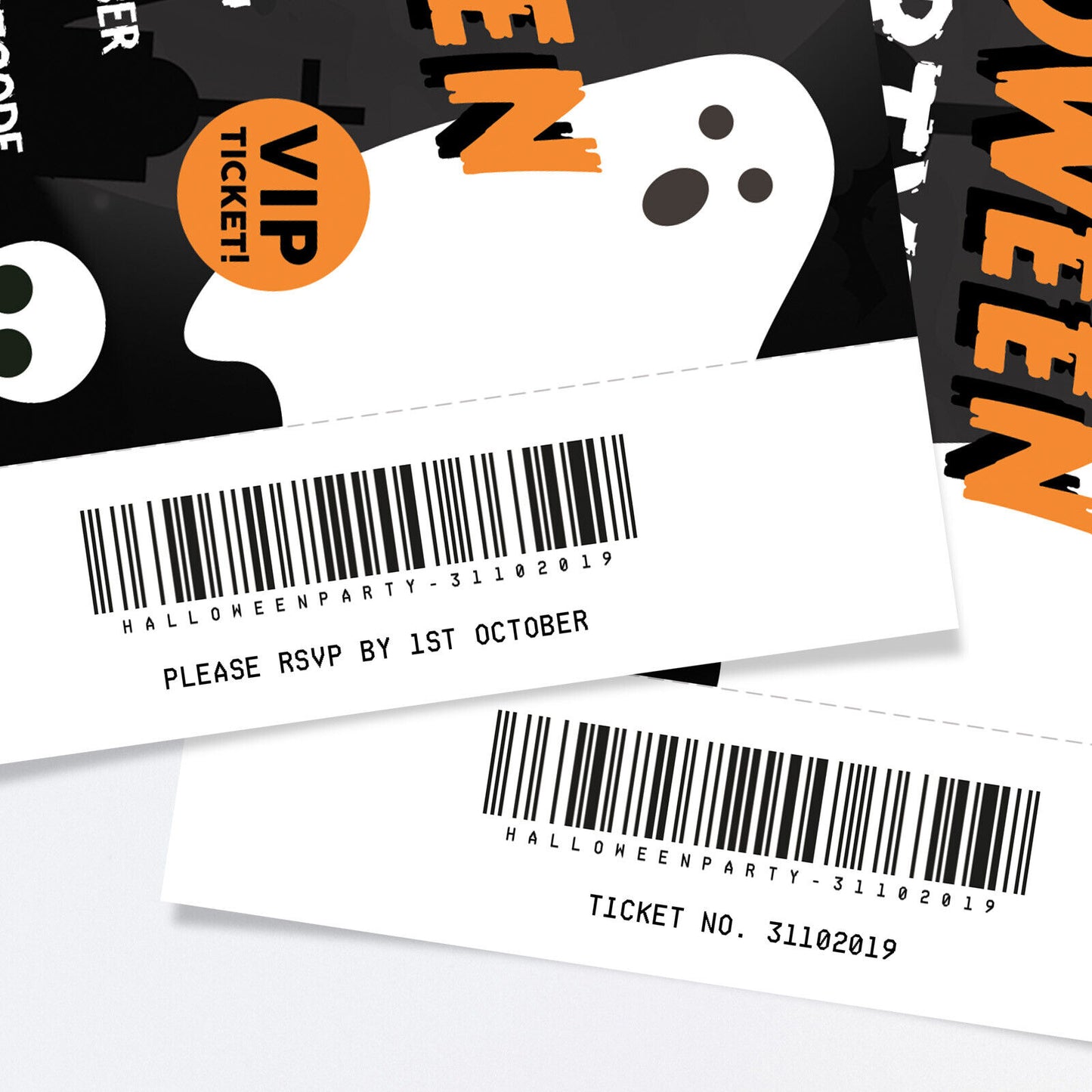 Personalised Halloween Party Ticket Style Invitations | Ghost Pumpkin Bats Skull